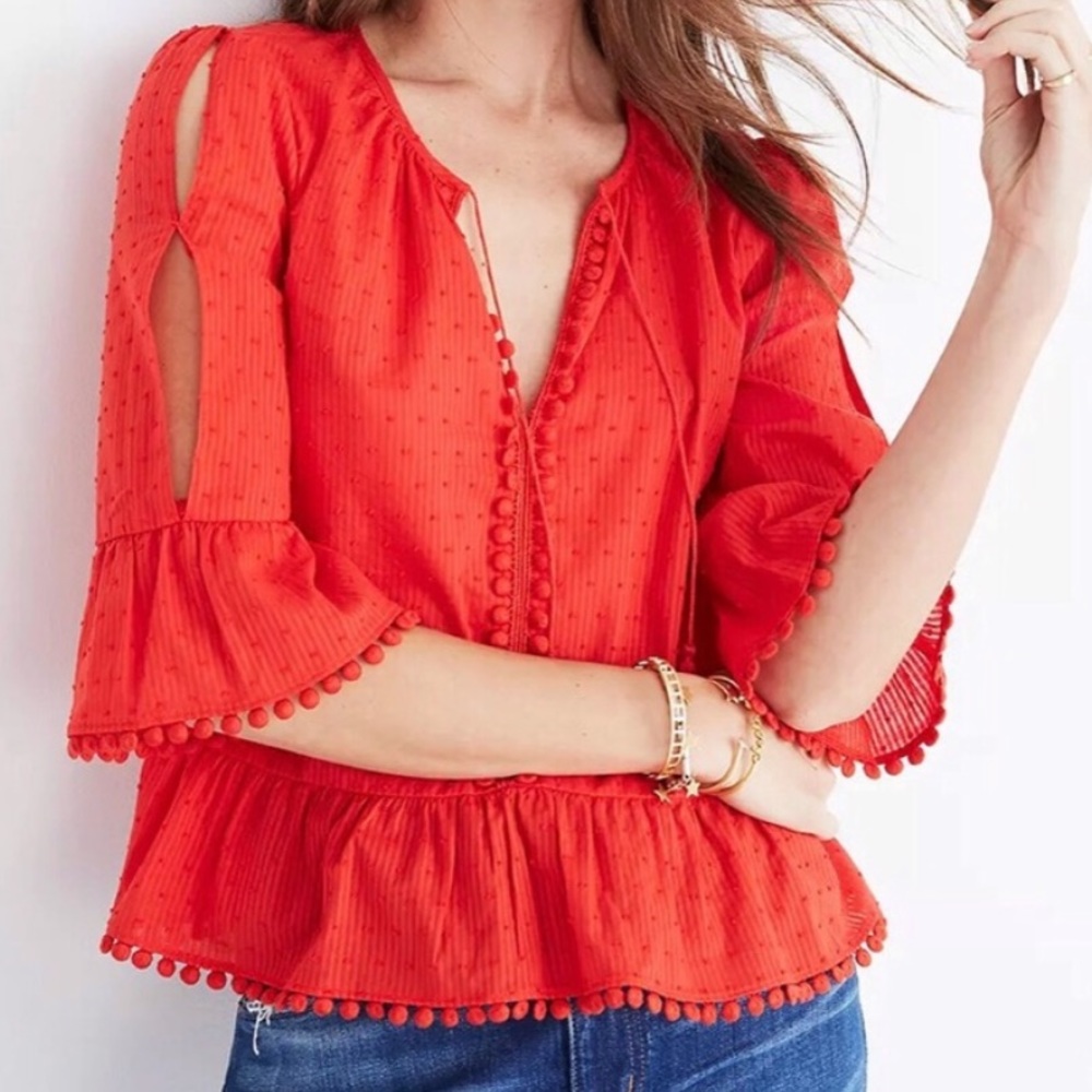 Madewell Red XXS Peekaboo Pom Pom Swiss Dot Top